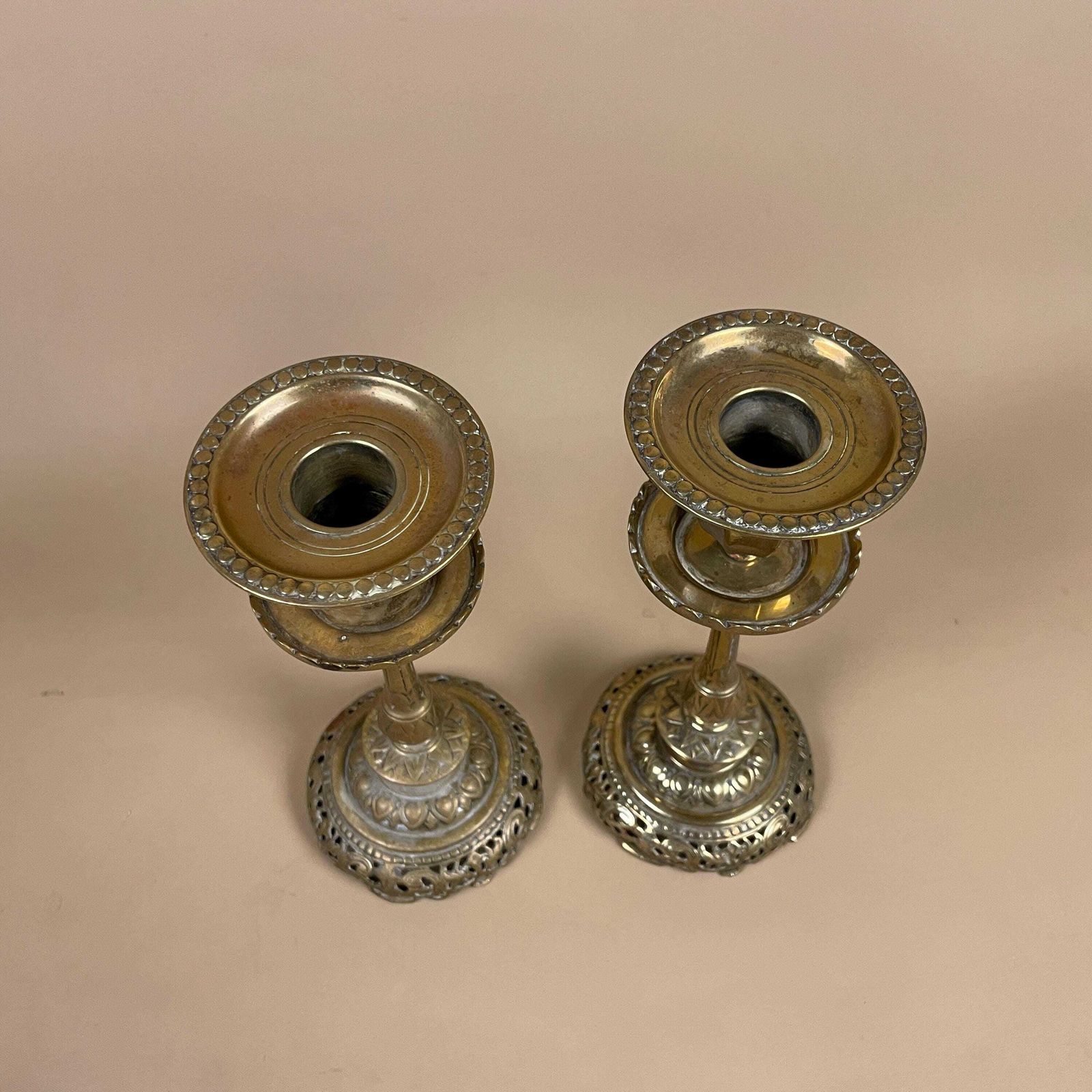 Antique Matching Pair Of Gold Brass Metal Candlestick Candle Stick Vintage Taper Dinner Candlesticks Column Pillar Round Base Indian India photo 59.0