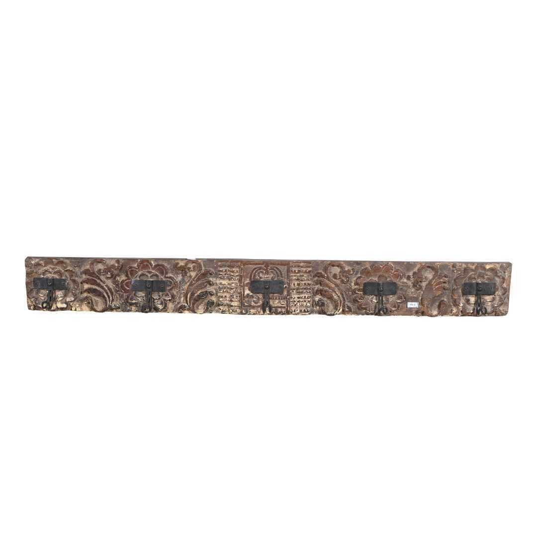 Antique Gilded Bronze & Ebony Teak Coat Hook Panel, Vintage Indian Carved Wall Rack, 123cm photo furniture
