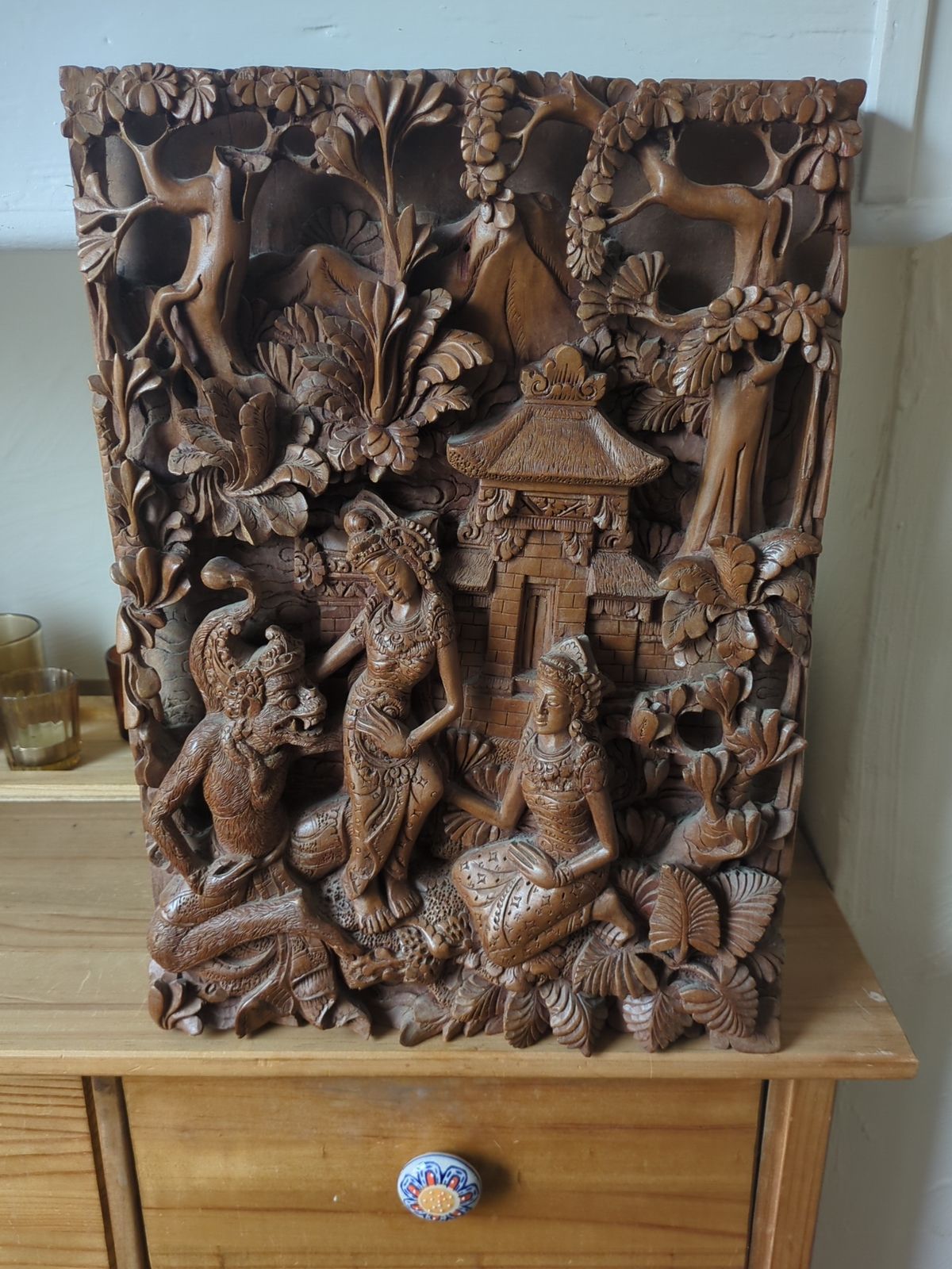 Carved Wooden Panel 3d. Rama, Sita And Hanuman photo furniture