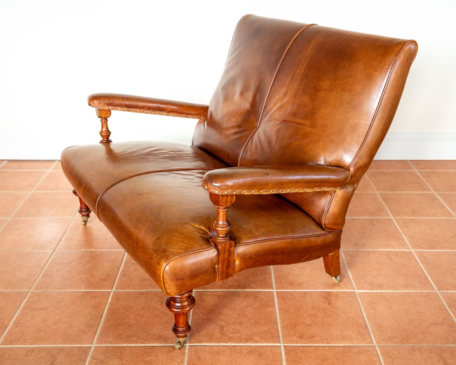 photo buy Open Arm Hide Leather Library Sofa Country House Howard & Sons Style By Mulberry Mahogany 2 Seater English Leather Chair Library Chair Leather Hide