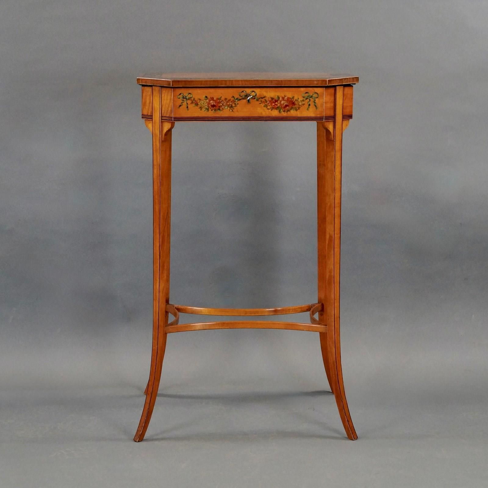 A Highly Decorative Edwardian Satinwood Work Table photo for sale