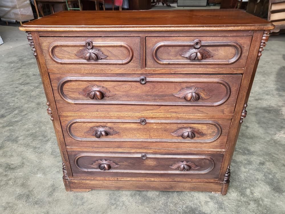 Antique 2 Over 3 Chest Of Drawers Carved Fruit Handles