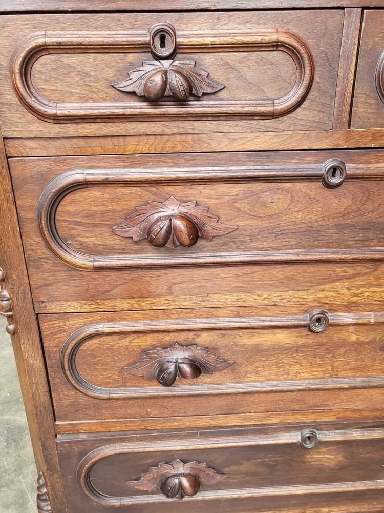 photo furniture Antique 2 Over 3 Chest Of Drawers Carved Fruit Handles