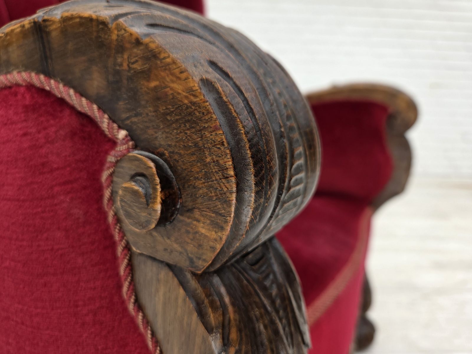 1960s, Danish Relax Chair, Cherry Red Furniture Velour, Oak Wood. photo furniture