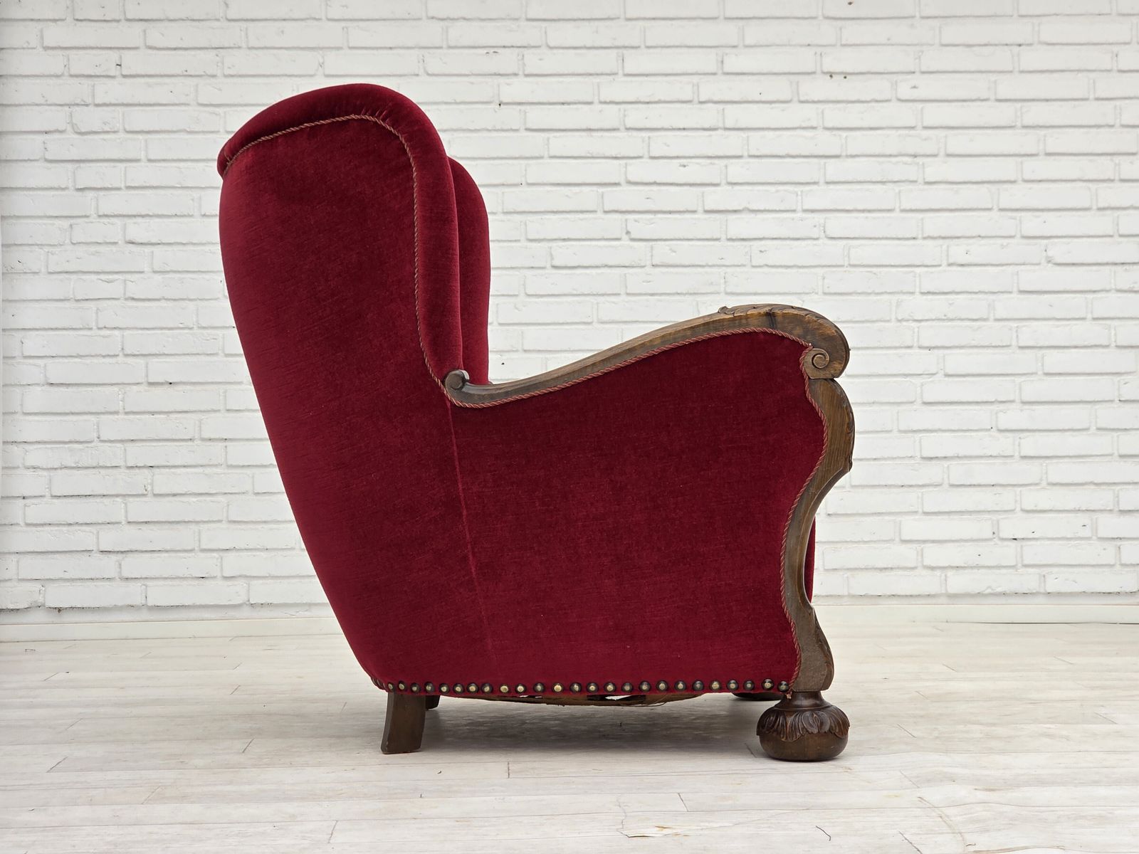 1960s, Danish Relax Chair, Cherry Red Furniture Velour, Oak Wood. photo Furniture