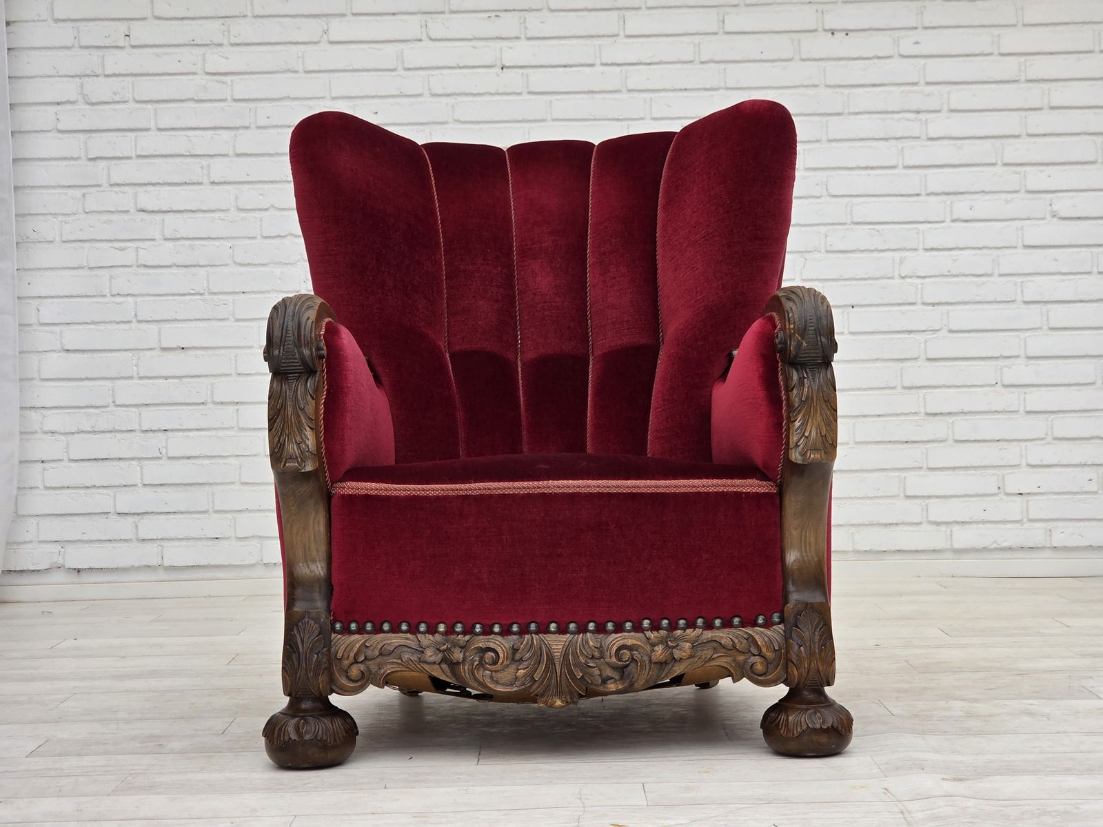 photo furniture 1960s, Danish Relax Chair, Cherry Red Furniture Velour, Oak Wood.