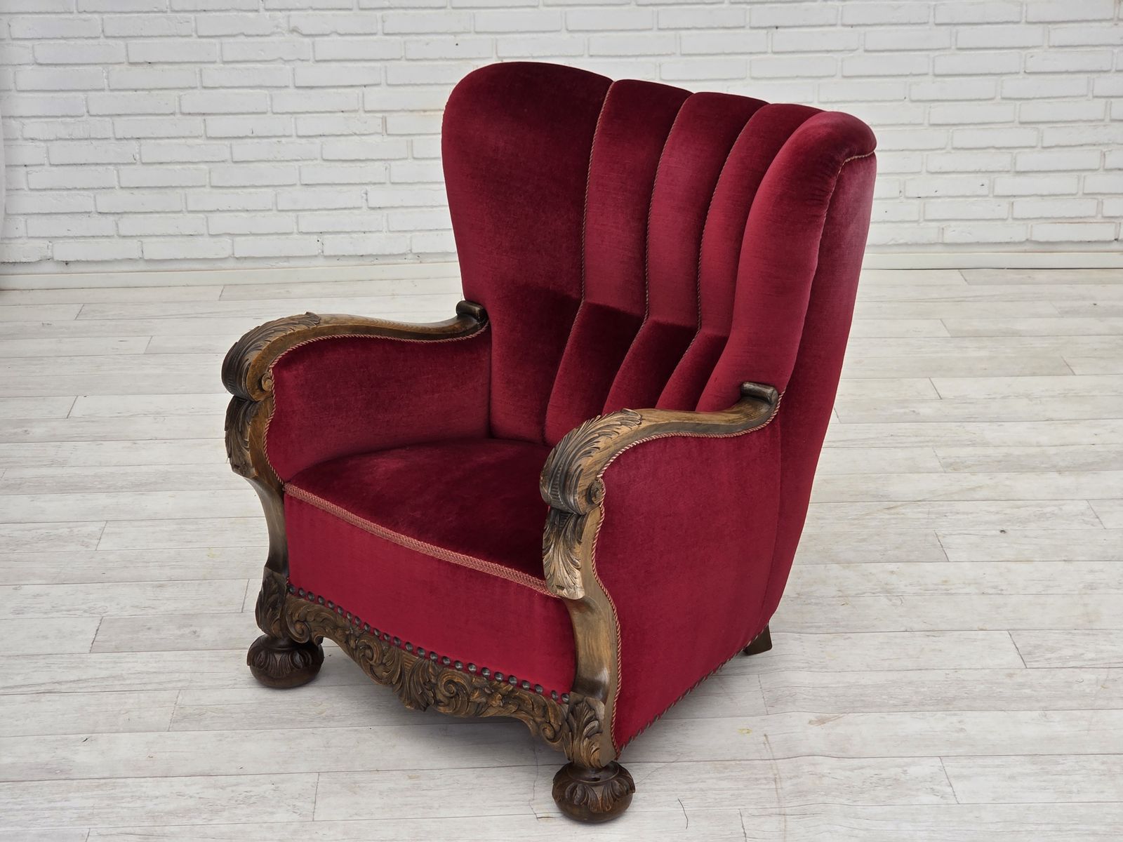Furniture 1960s, Danish Relax Chair, Cherry Red Furniture Velour, Oak Wood. photo