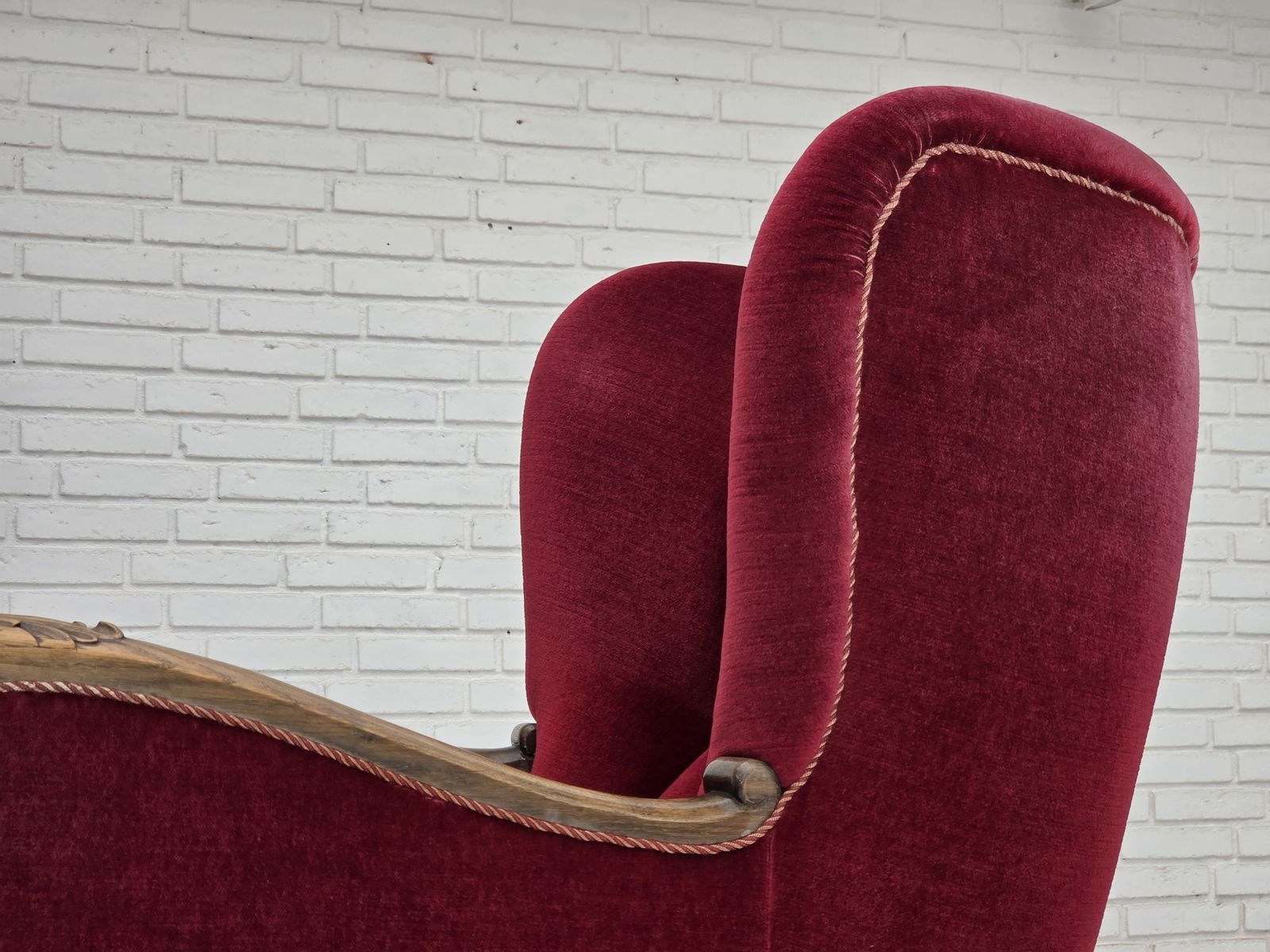 photo buy 1960s, Danish Relax Chair, Cherry Red Furniture Velour, Oak Wood.