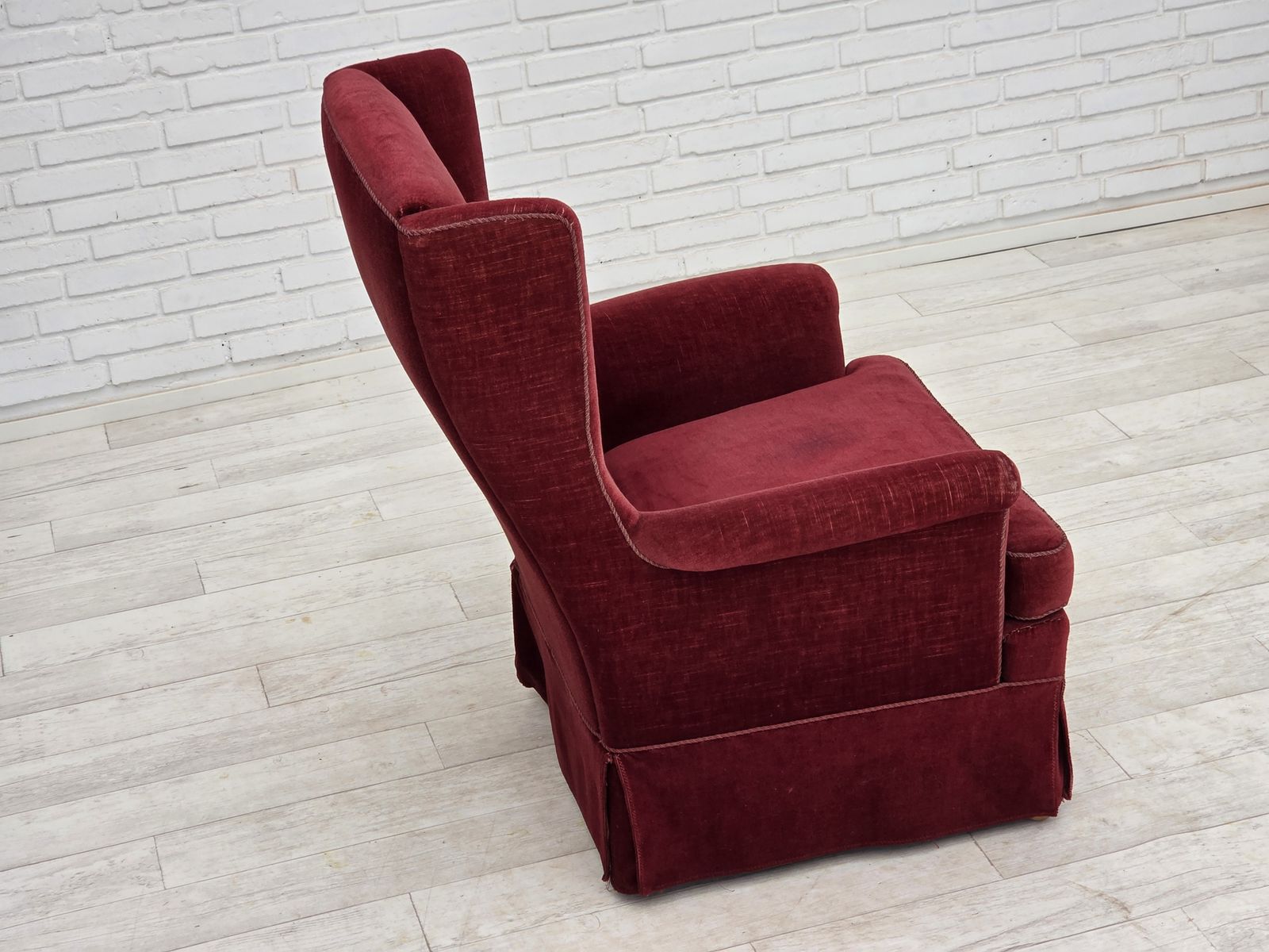 1970s, Danish Highback Chair, Cherry Red Furniture Velour, Ash Wood Legs. photo Furniture