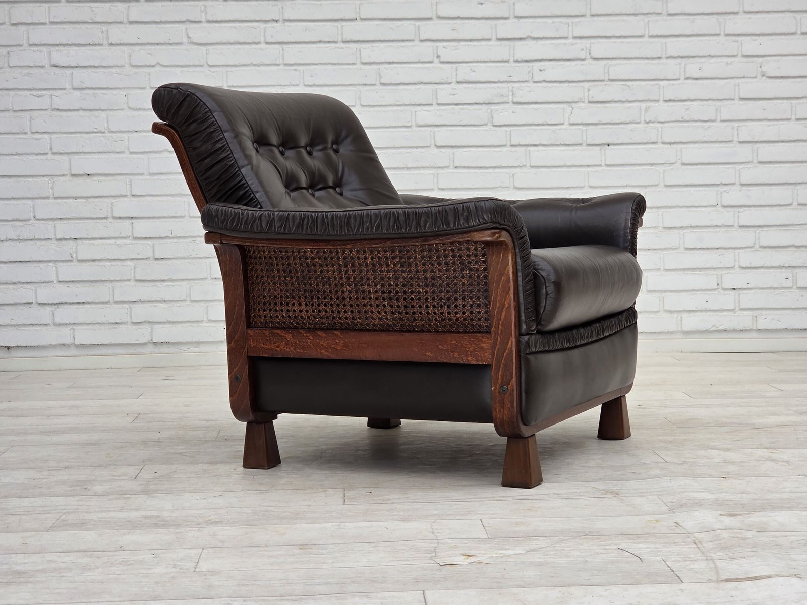 1970s, Scandinavian Armchair, Brown Furniture Leather, Teak Wood Legs. photo Furniture