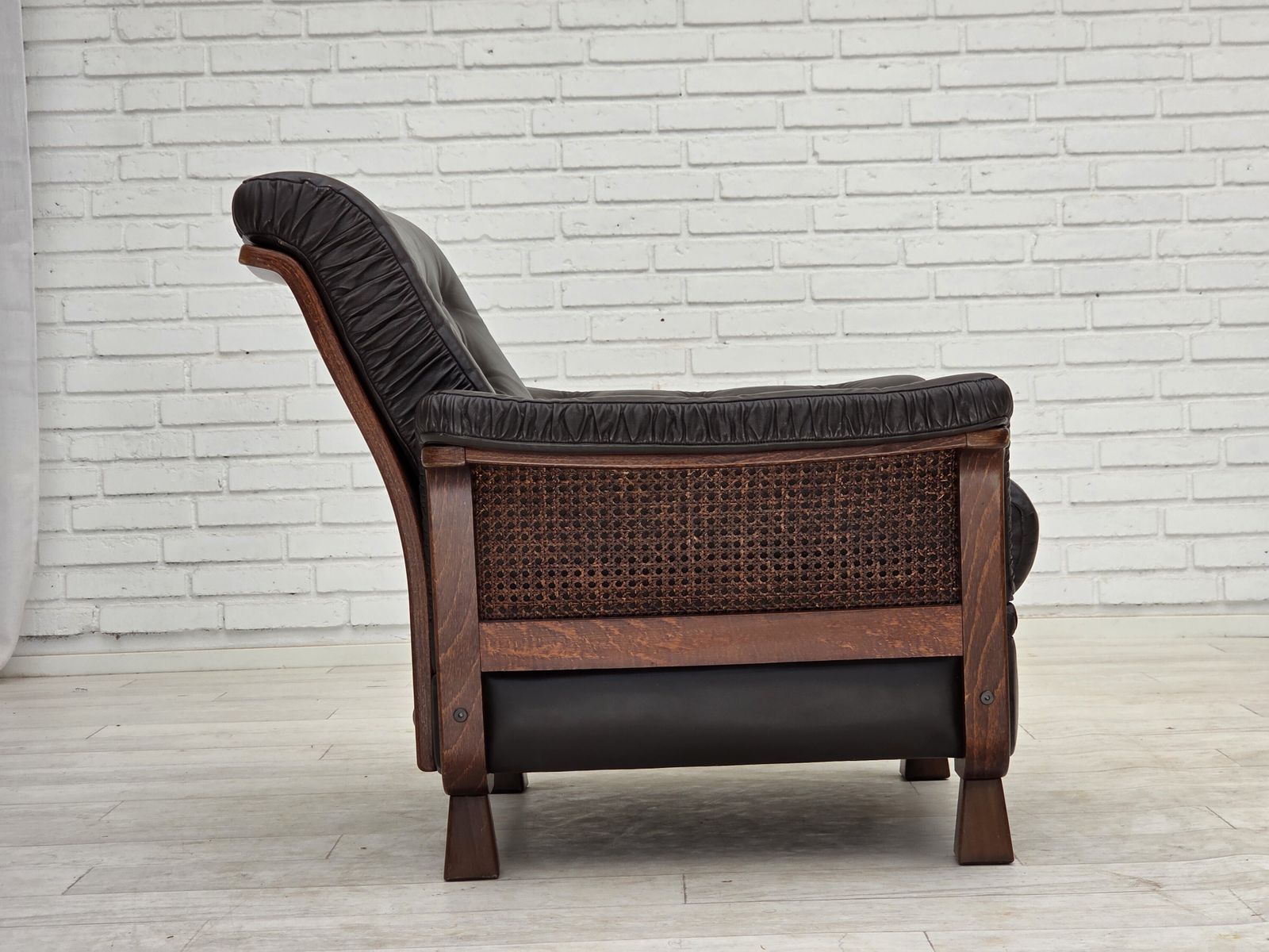 photo for sale 1970s, Scandinavian Armchair, Brown Furniture Leather, Teak Wood Legs.