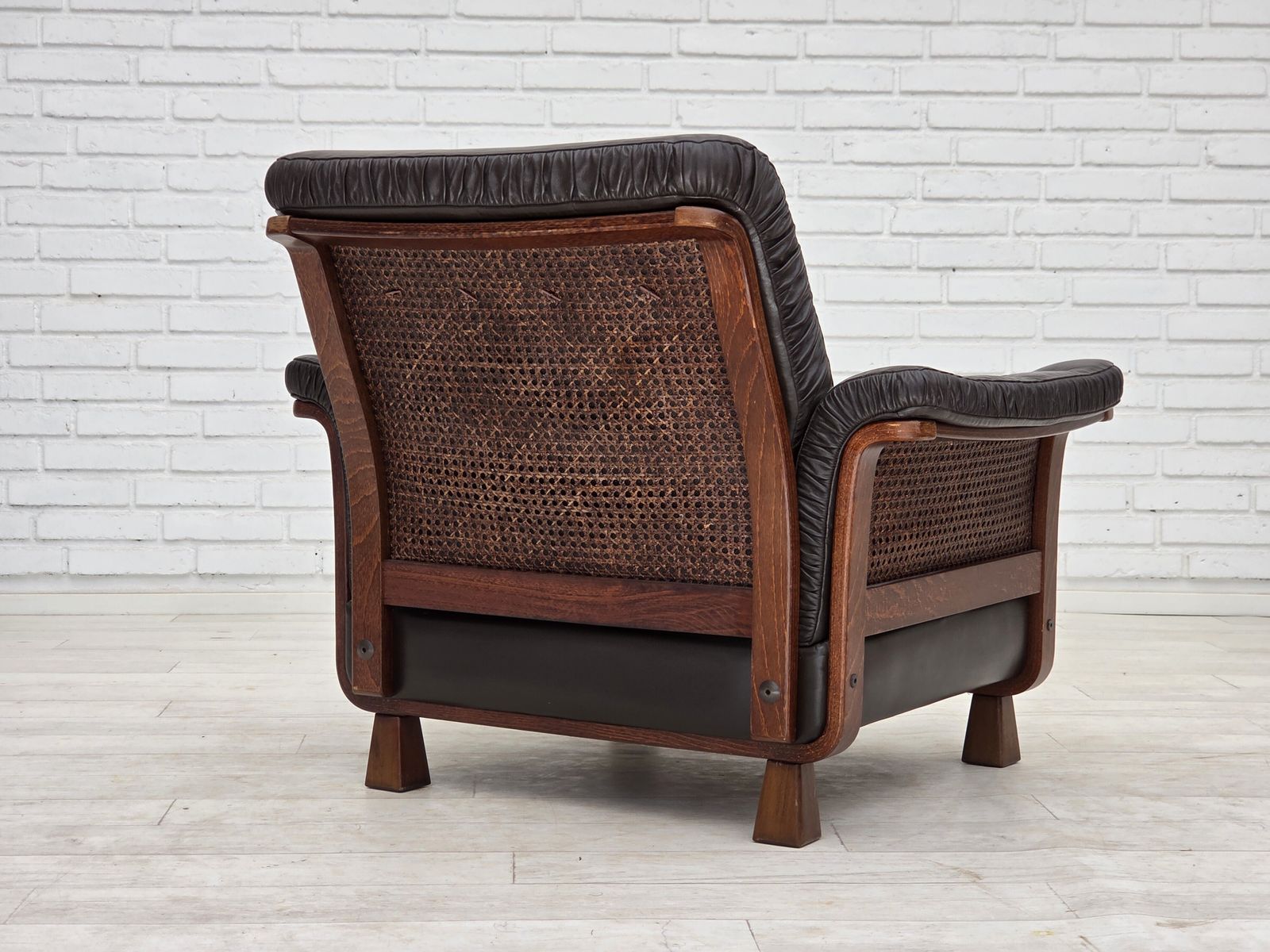 1050.0 1970s, Scandinavian Armchair, Brown Furniture Leather, Teak Wood Legs. photo