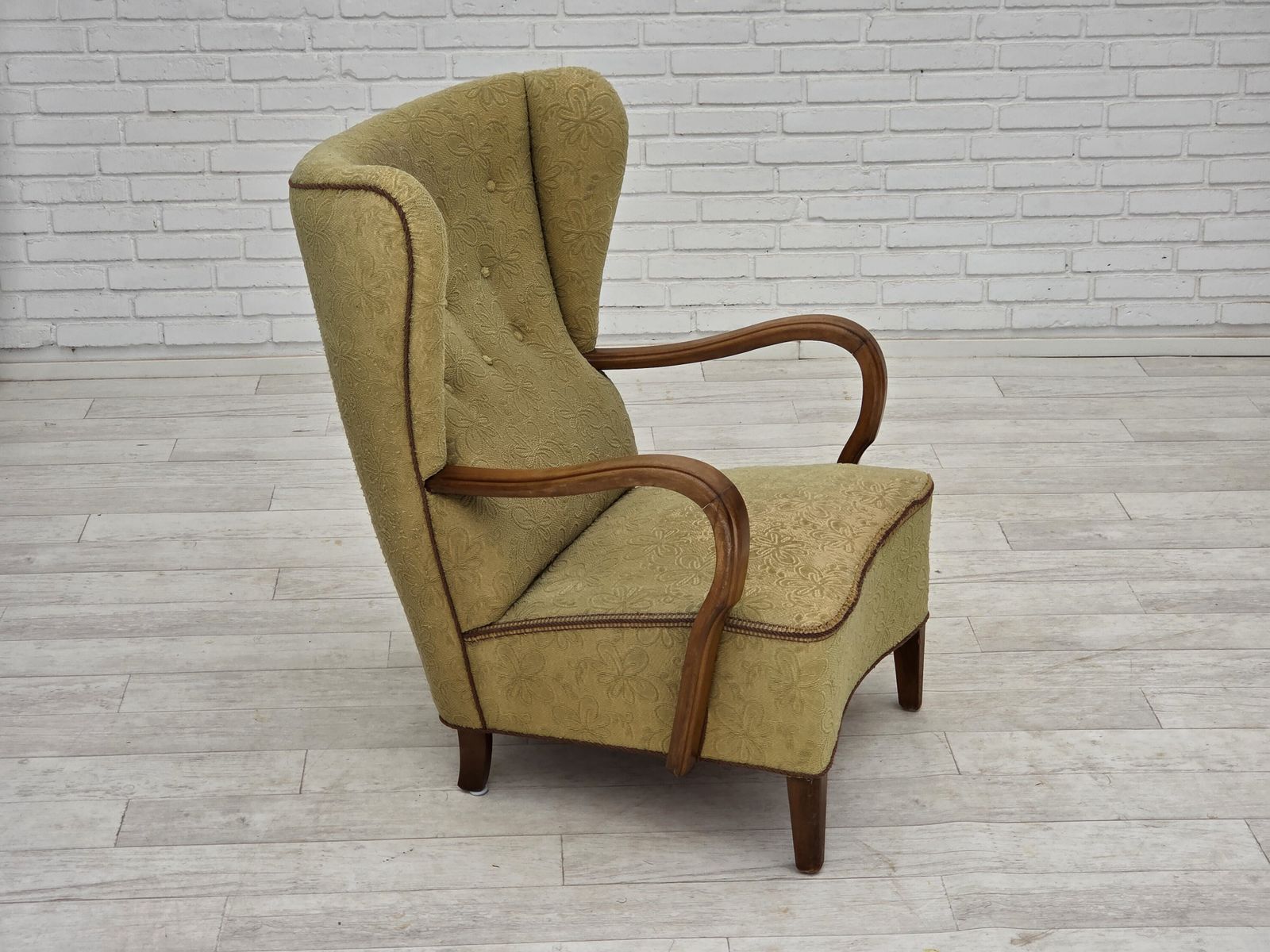 1960s, Danish Armchair, Light Green Furniture Velour, Beech Wood. photo 790.0