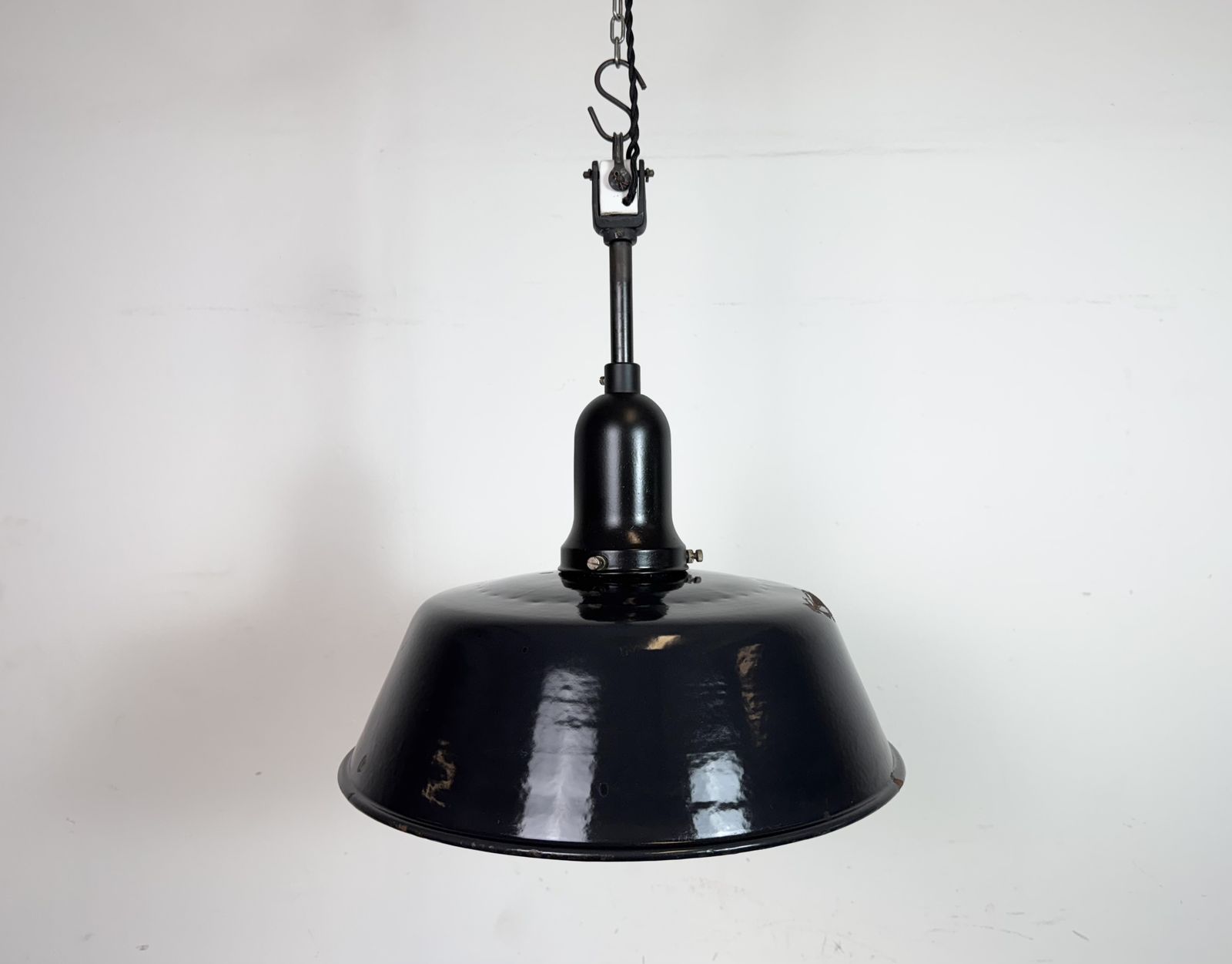 Industrial Black Enamel Factory Lamp With Porcelain Top, 1950s photo vinterior