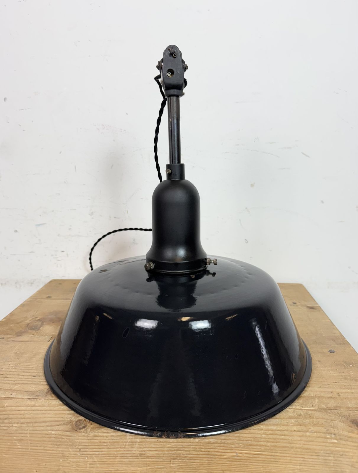 photo for sale Industrial Black Enamel Factory Lamp With Porcelain Top, 1950s