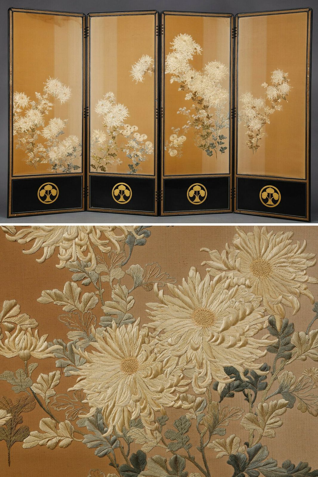 Beautiful Chrysanthemum Screen With The Honda Clan Coat Of Arms. Meiji Japan