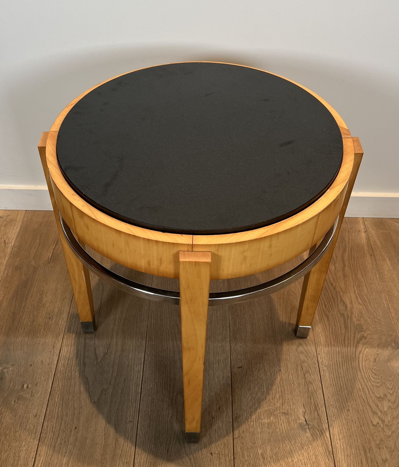 Sycamore Veneer, Chrome And Marble Top Pedestal Table photo vinterior