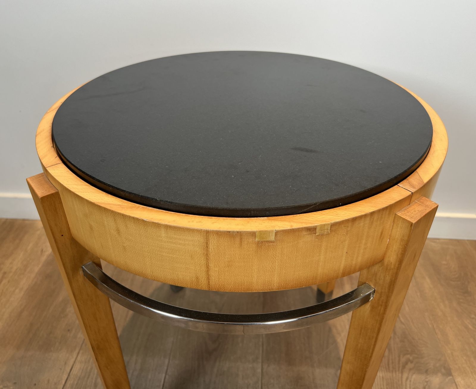 Sycamore Veneer, Chrome And Marble Top Pedestal Table photo vintage
