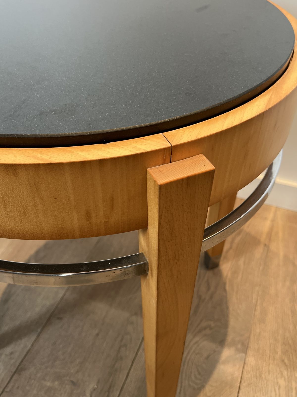 photo for sale Sycamore Veneer, Chrome And Marble Top Pedestal Table