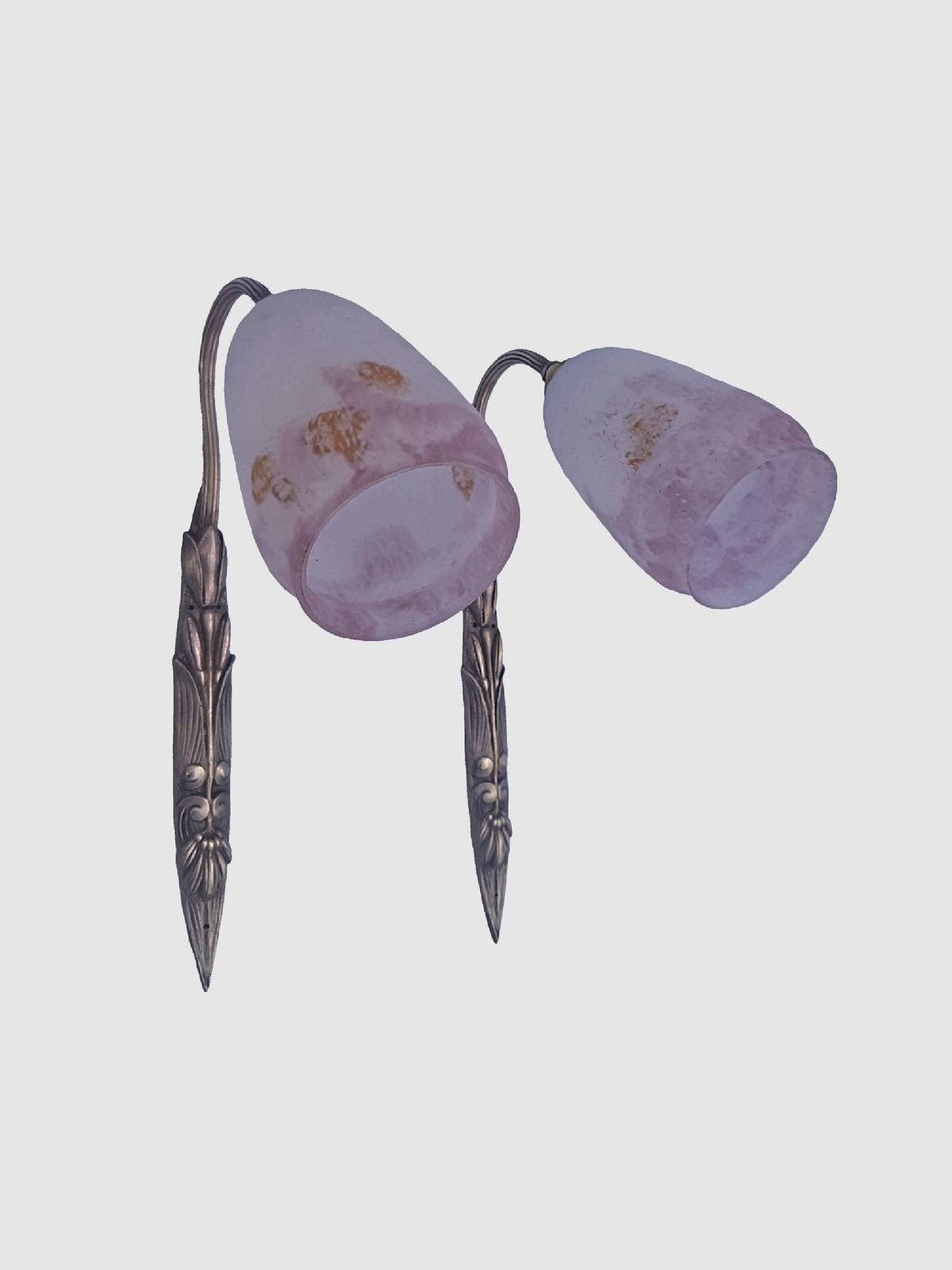 Pair Of Art Deco Wall Sconces  Romantic Shape And Design For Bedroom Mottled Rose And Gold Tinted Shades Stylish Sleek Fixtures France 1930s