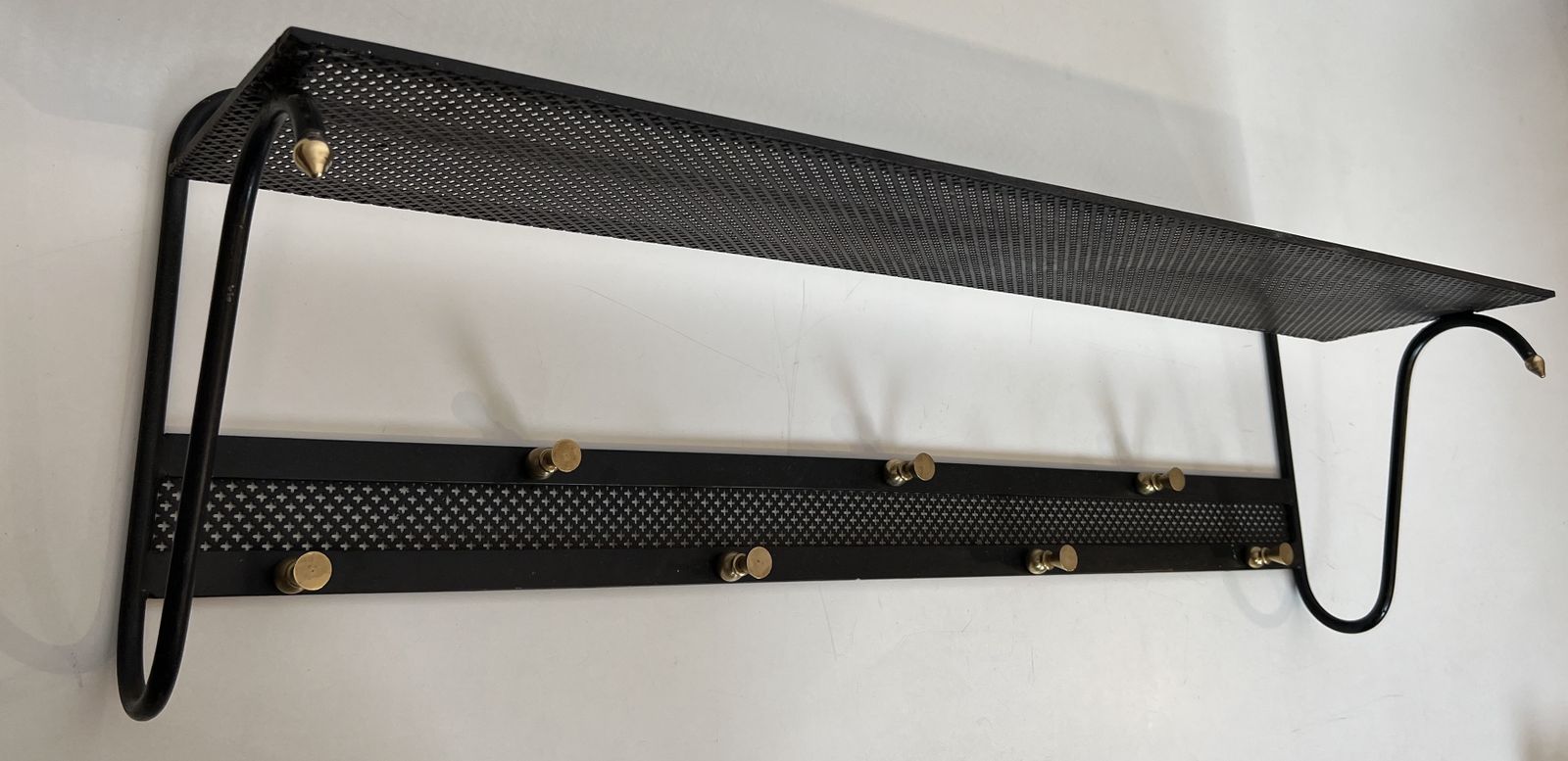 Coat Rack In Black Lacquered Metal, Perforated Sheet Metal And Brass In The Style Of Mathieu Matégot photo Furniture
