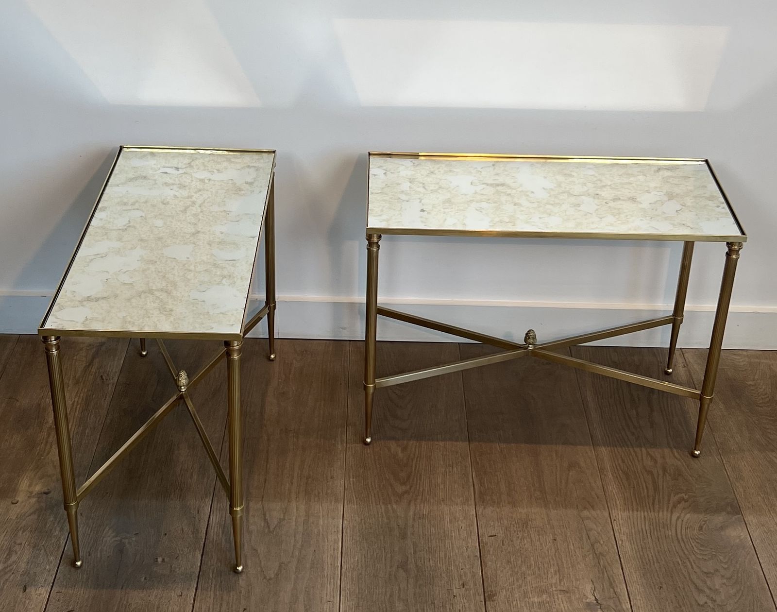 Pair Of Antique Brass Mirror Top End Tables From Maison Jansen photo 3950.0