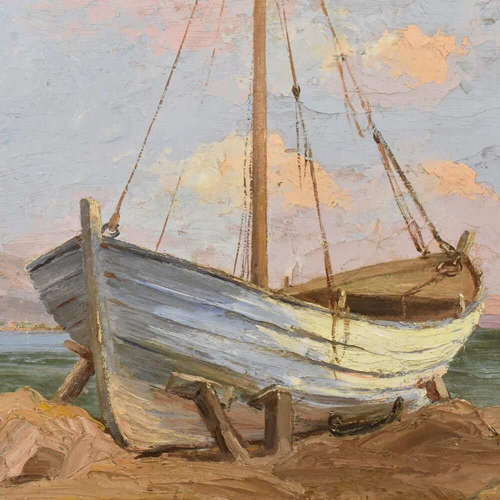 Marine Painting, Cote Azur Painting, Seascape Painting With A White Boat, Early 20th Century. (Qm520) photo for sale