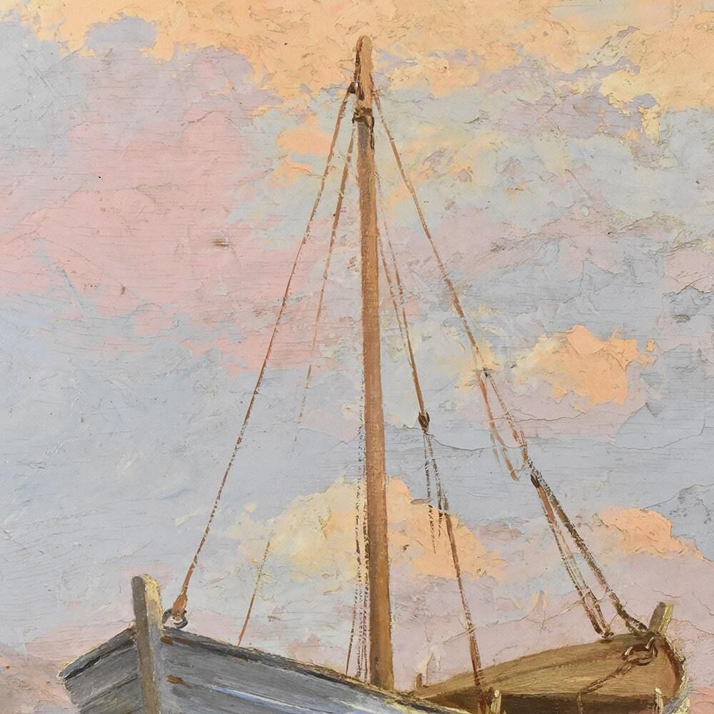 Marine Painting, Cote Azur Painting, Seascape Painting With A White Boat, Early 20th Century. (Qm520) photo Art