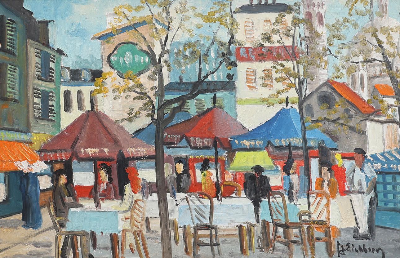 Parisian Café Scene Oil Painting By Swedish Artist Jack Eichborn photo vintage