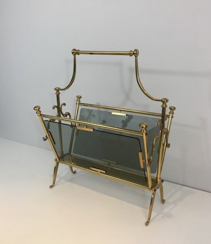Neoclassical Magazine Rack In Brass And Blue Glass