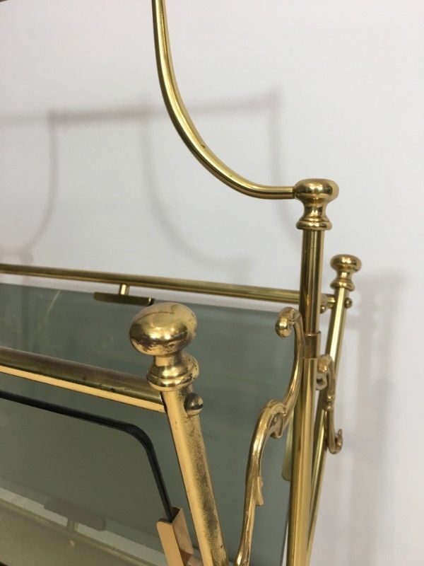 Neoclassical Magazine Rack In Brass And Blue Glass photo 650.0