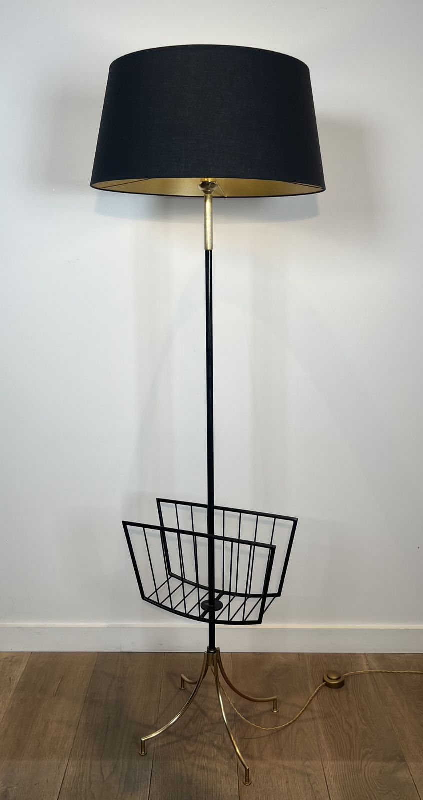 Designer Floor Lamp In Black Lacquered Metal And Brass With Incorporating A Magazine Rack photo for sale