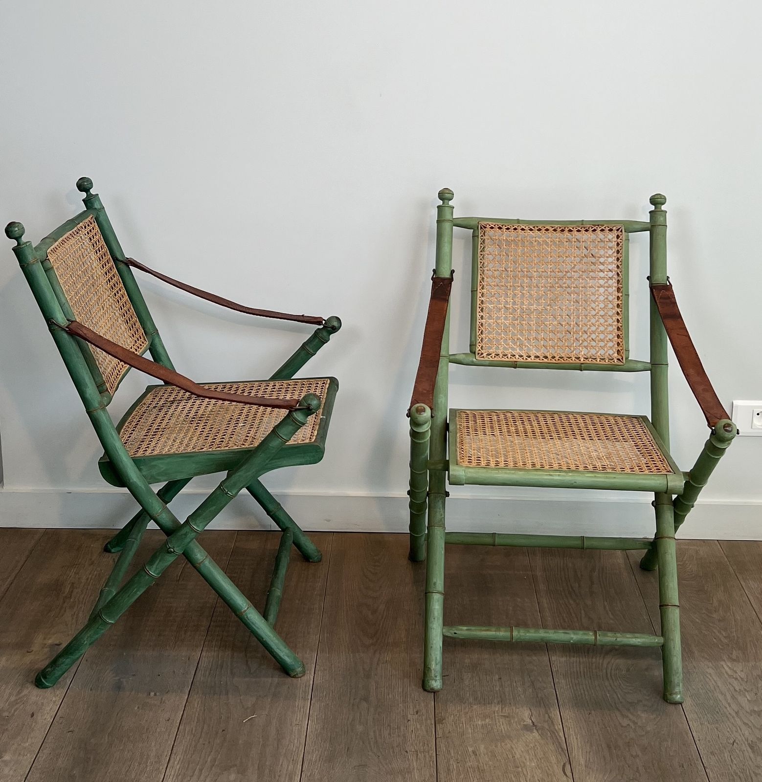 Pair Of Folding Safari Chairs In Weathered Faux Bamboo Style With Caned Backs And Seats And Leather Armrests photo Furniture
