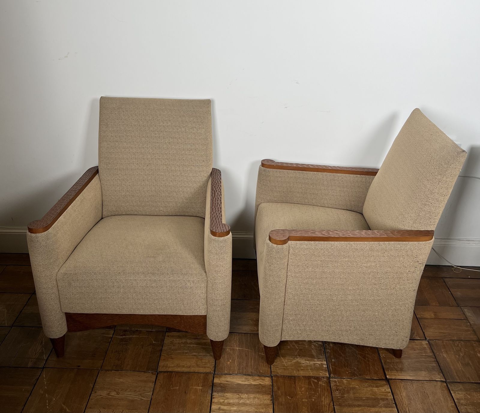 Pair Of Armchairs In Gouged Wood And Mottled Fabric photo for sale