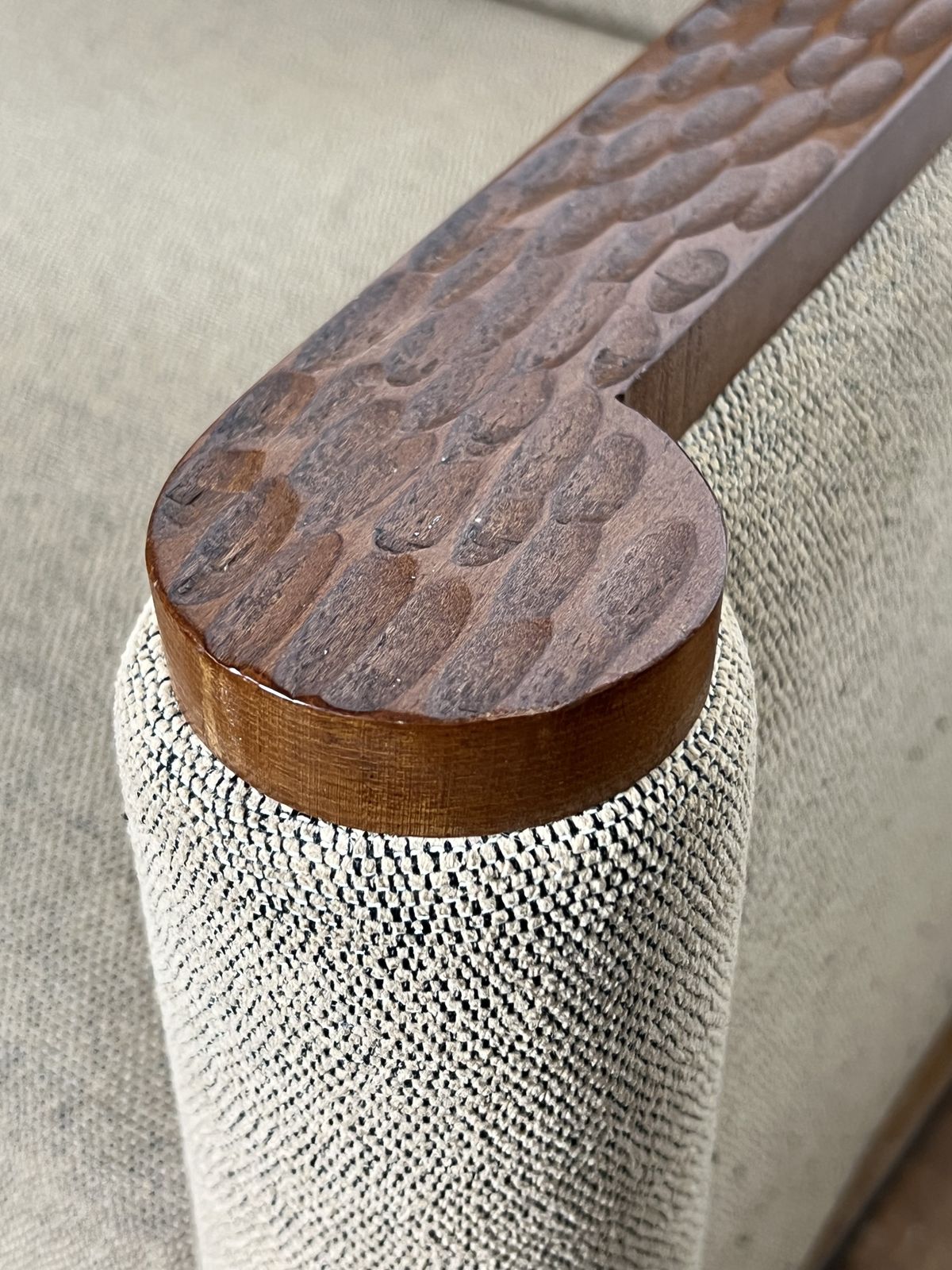 photo furniture Pair Of Armchairs In Gouged Wood And Mottled Fabric
