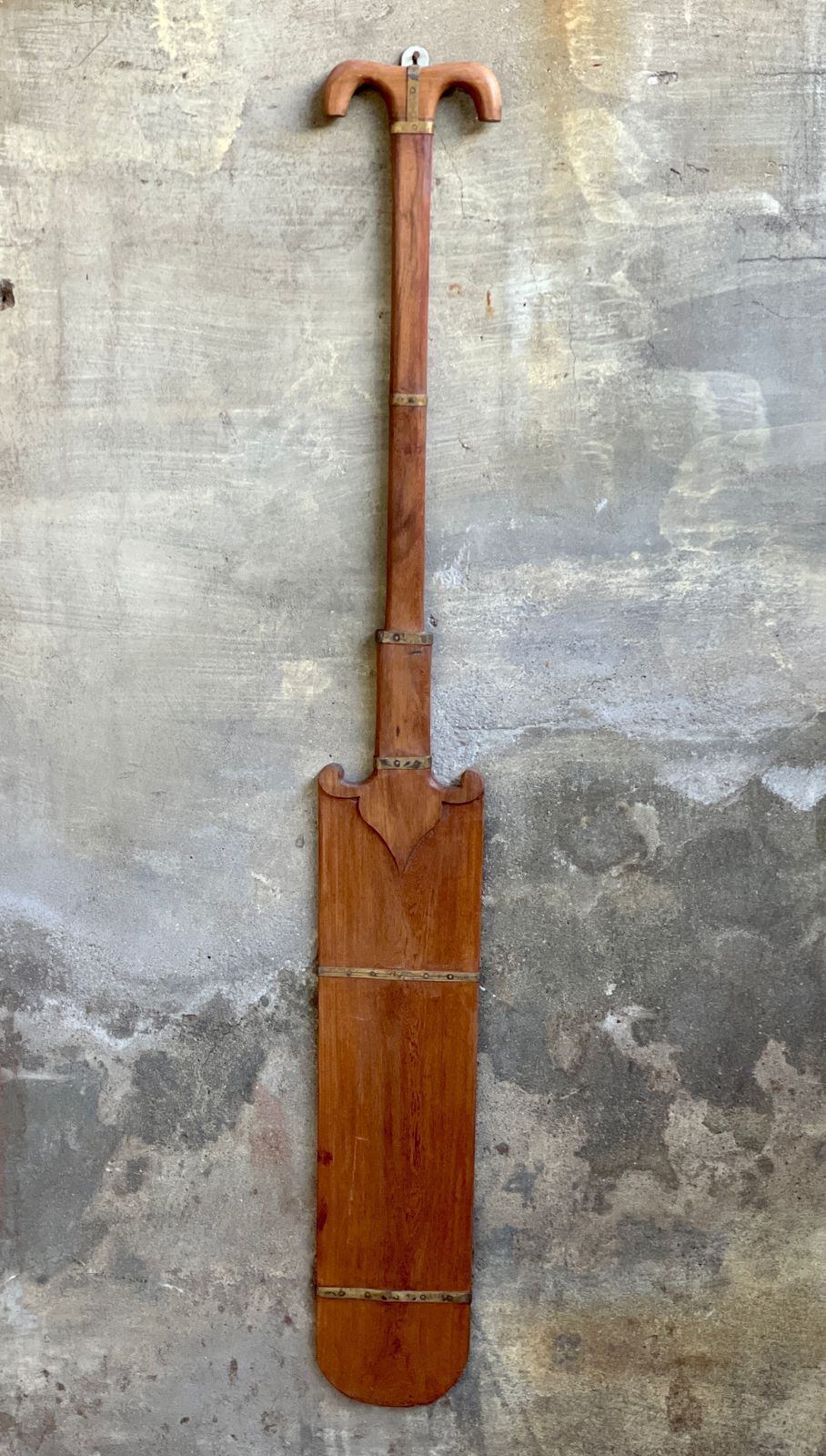 Antique 1900s Tribal Teakwood Oar From Kerala – Handcrafted Paddle With Brass Detailing photo for sale