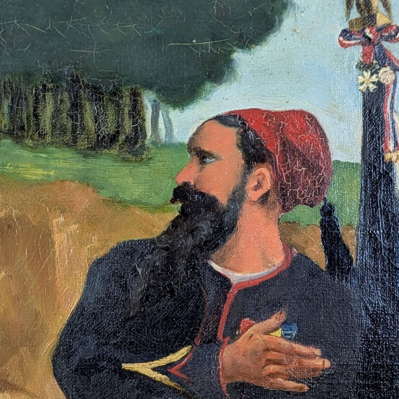 French Zouave Soldier Painting Antique Military Art Circa 1900 Collectible Wall Hanging, Old Gallery Wall Art, Rustic Militaria Folk Art photo 265.0