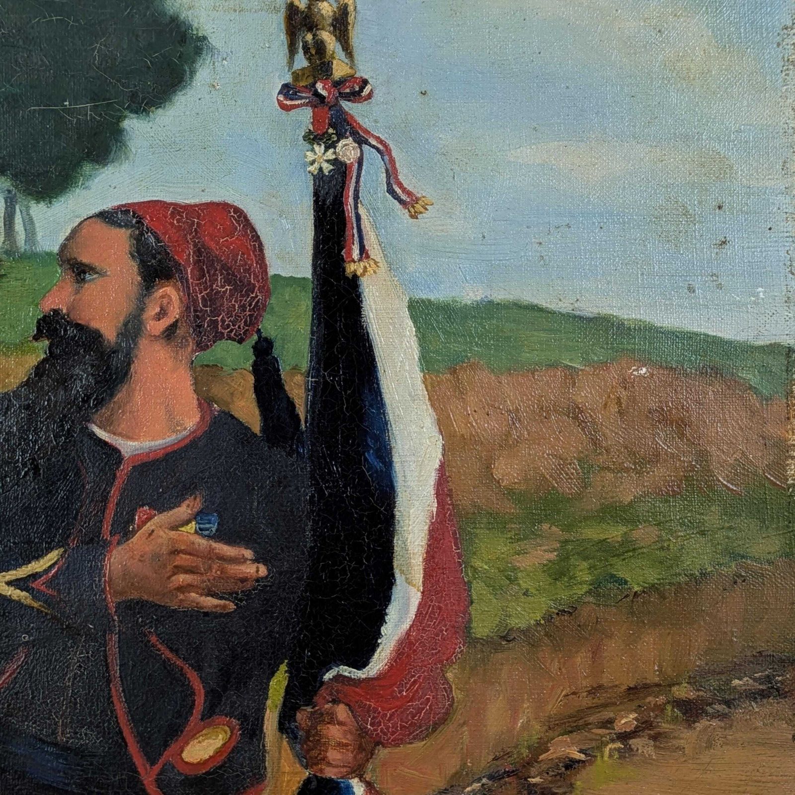photo for sale French Zouave Soldier Painting Antique Military Art Circa 1900 Collectible Wall Hanging, Old Gallery Wall Art, Rustic Militaria Folk Art