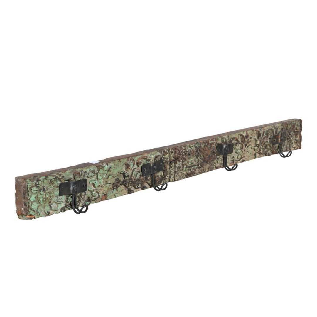 Antique Verdigris Green & Rustic Brown Teak Coat Hook Panel, Vintage Indian Carved Wall Rack