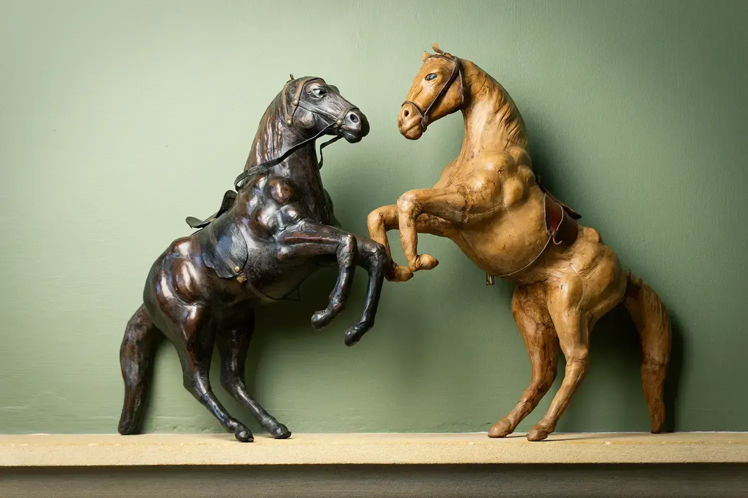 Pair Of 19th Century French Leather Horse Sculptures In Dynamic Rearing Pose photo Art