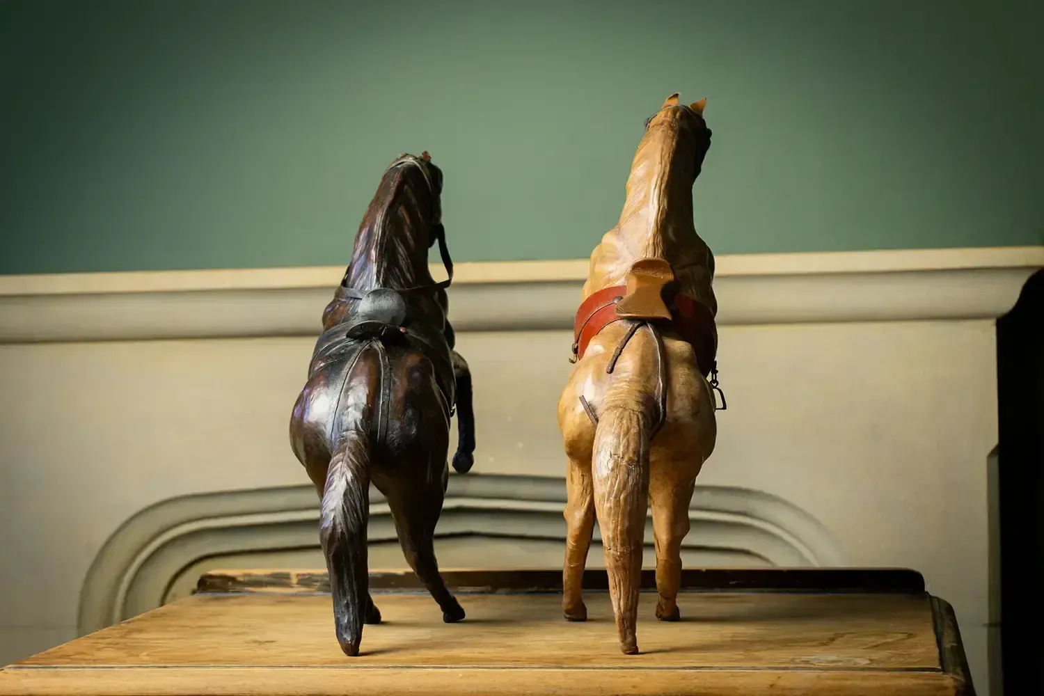 photo for sale Pair Of 19th Century French Leather Horse Sculptures In Dynamic Rearing Pose