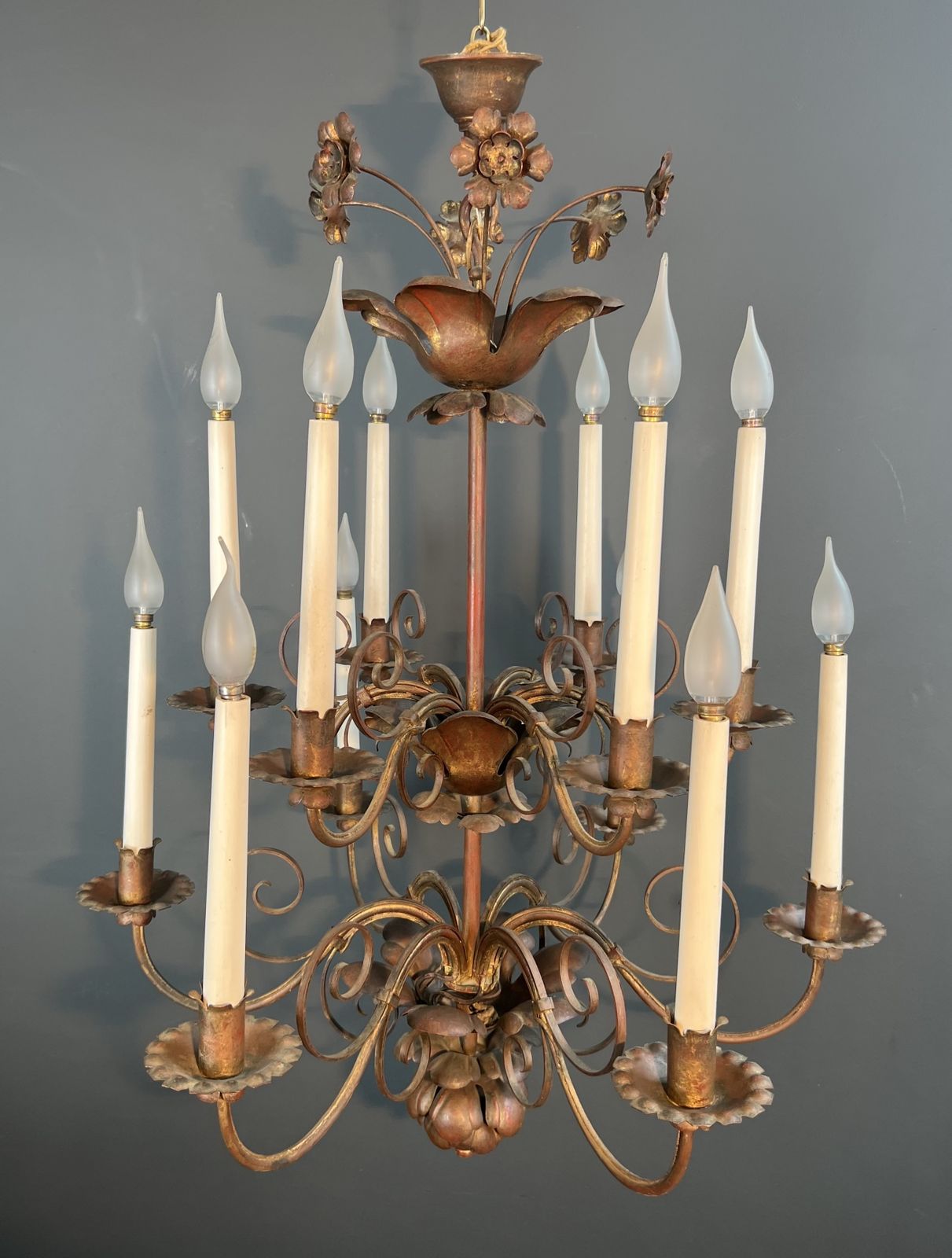 Important 2 Tier Gold Metal Chandelier With 12 Light Arms In The Style Of Maison Baguès photo furniture