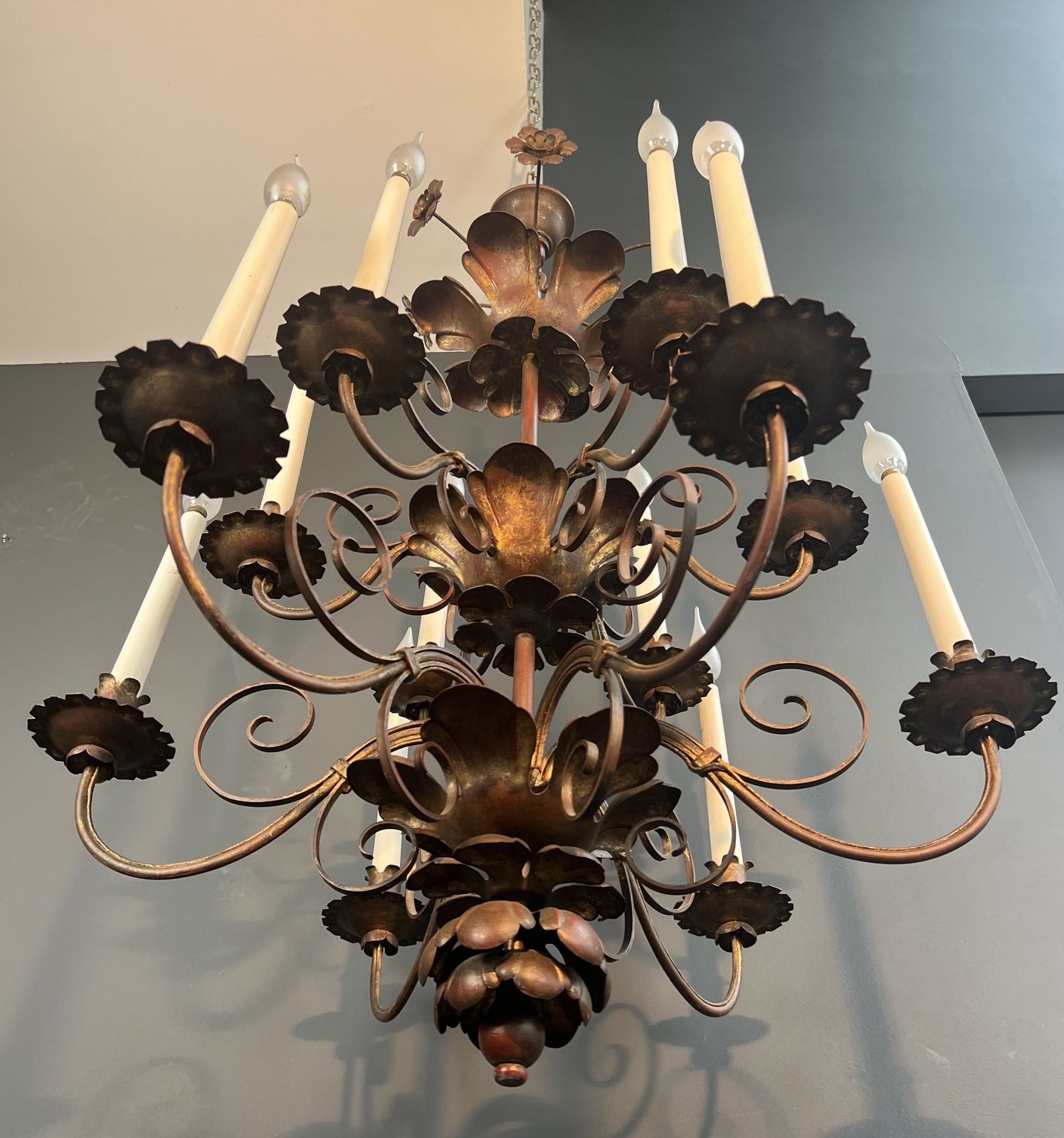 Important 2 Tier Gold Metal Chandelier With 12 Light Arms In The Style Of Maison Baguès photo for sale