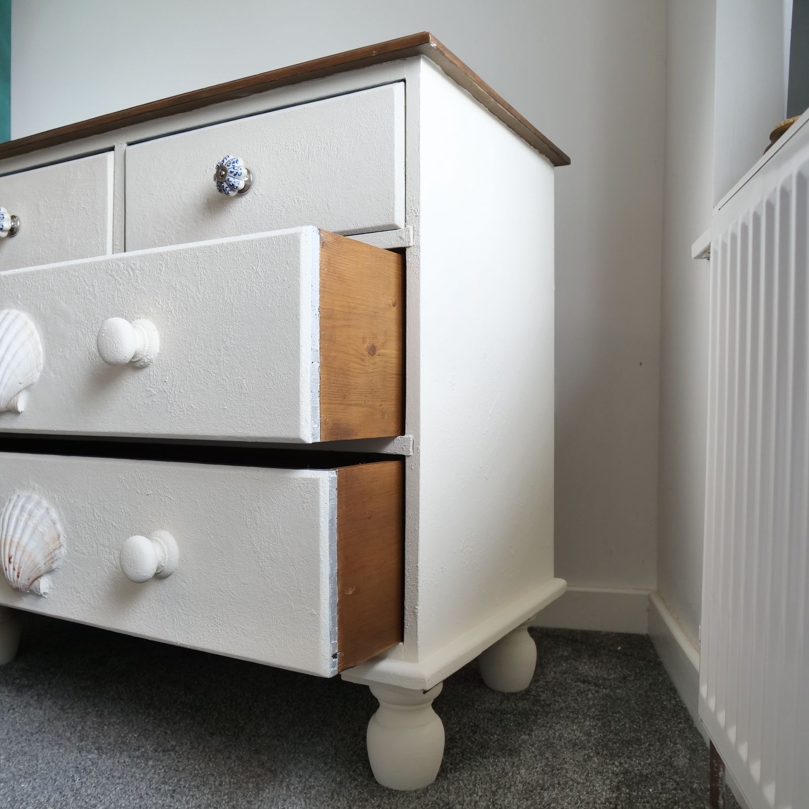Unique Scallop Chest Of Drawers, Nautical White Cabinet, Blue Ceramic Knobs, Hand Painted With Love photo buy