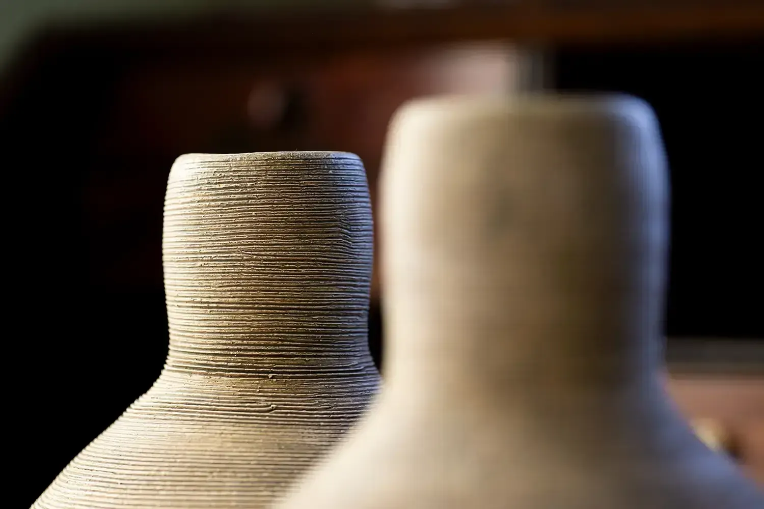 Pair Of Sculptural Minimalist Bud Vases – Ribbed Terracotta Finish, Scandinavian Style, C.1970s photo for sale