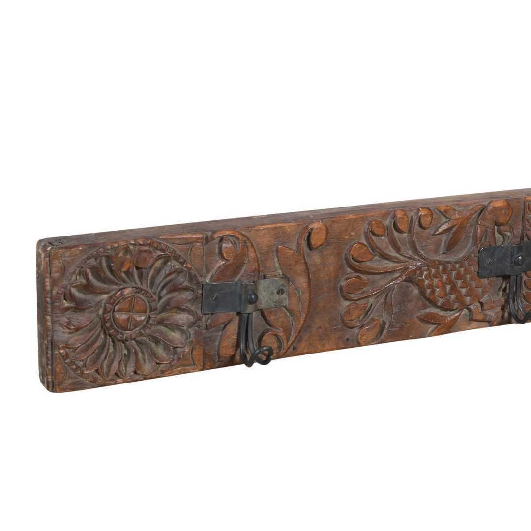 Antique Rustic Coffee Teak & Black Iron Coat Hook Panel, Vintage Indian Carved Wall Rack, 122cm photo for sale