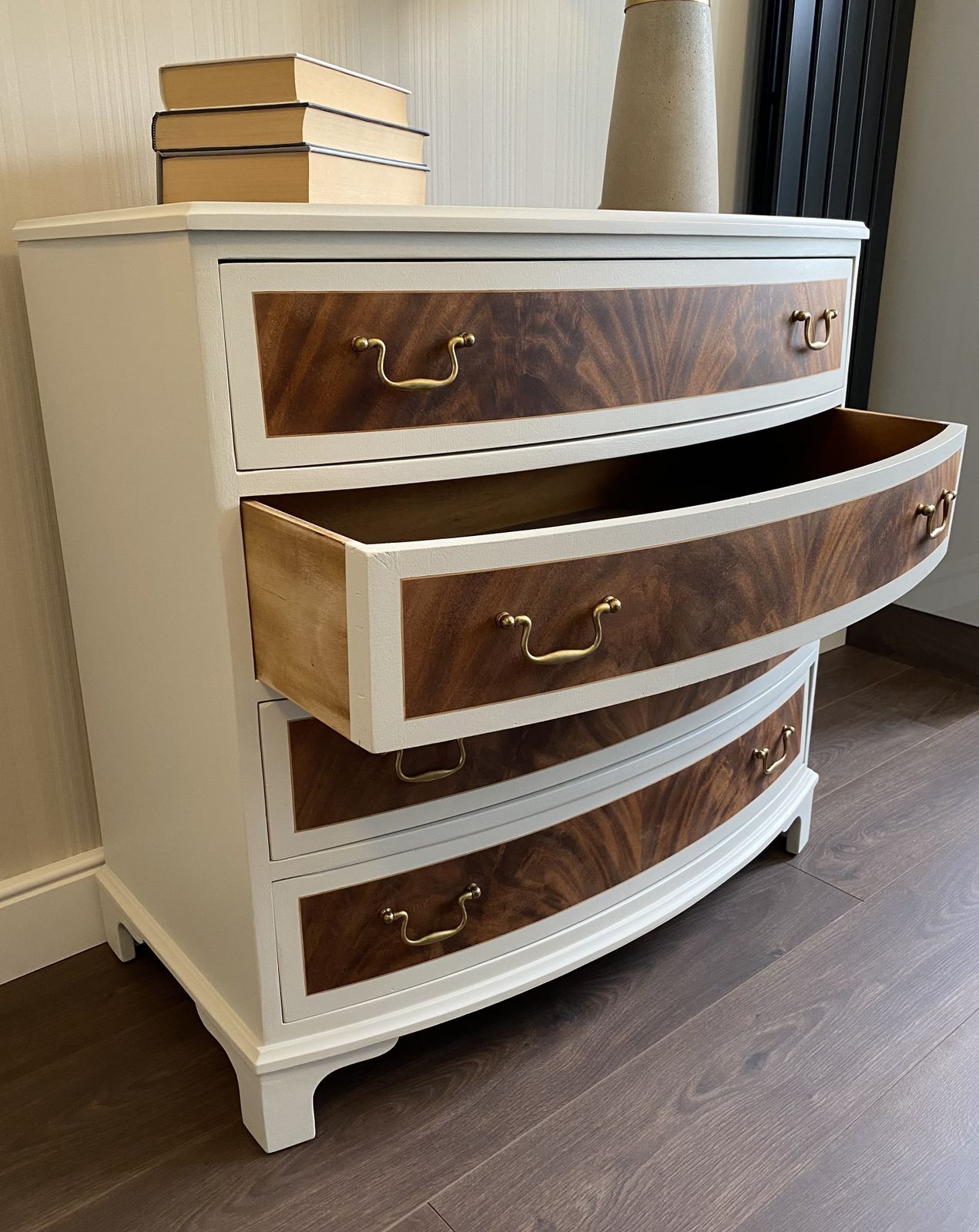 Refurbished Wood Walnut Veneer Painted Chest Of Drawers Light Cream
