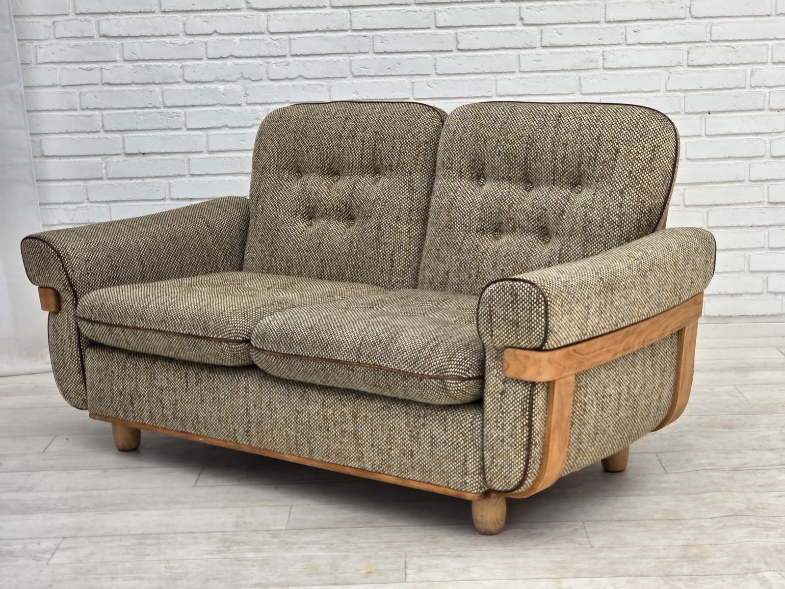photo buy 1970s, Danish 2 Seater Sofa, Original Condition, Furniture Wool, Bentwood.