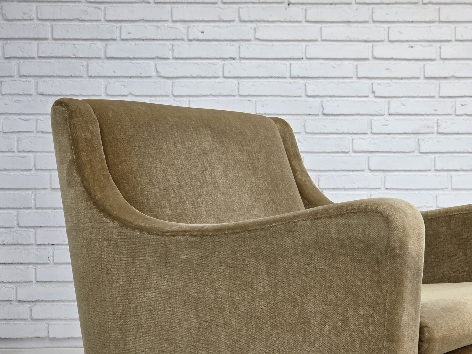 1970s, Danish Armchair, Original Green Furniture Velour, Teak Wood Legs. photo Furniture