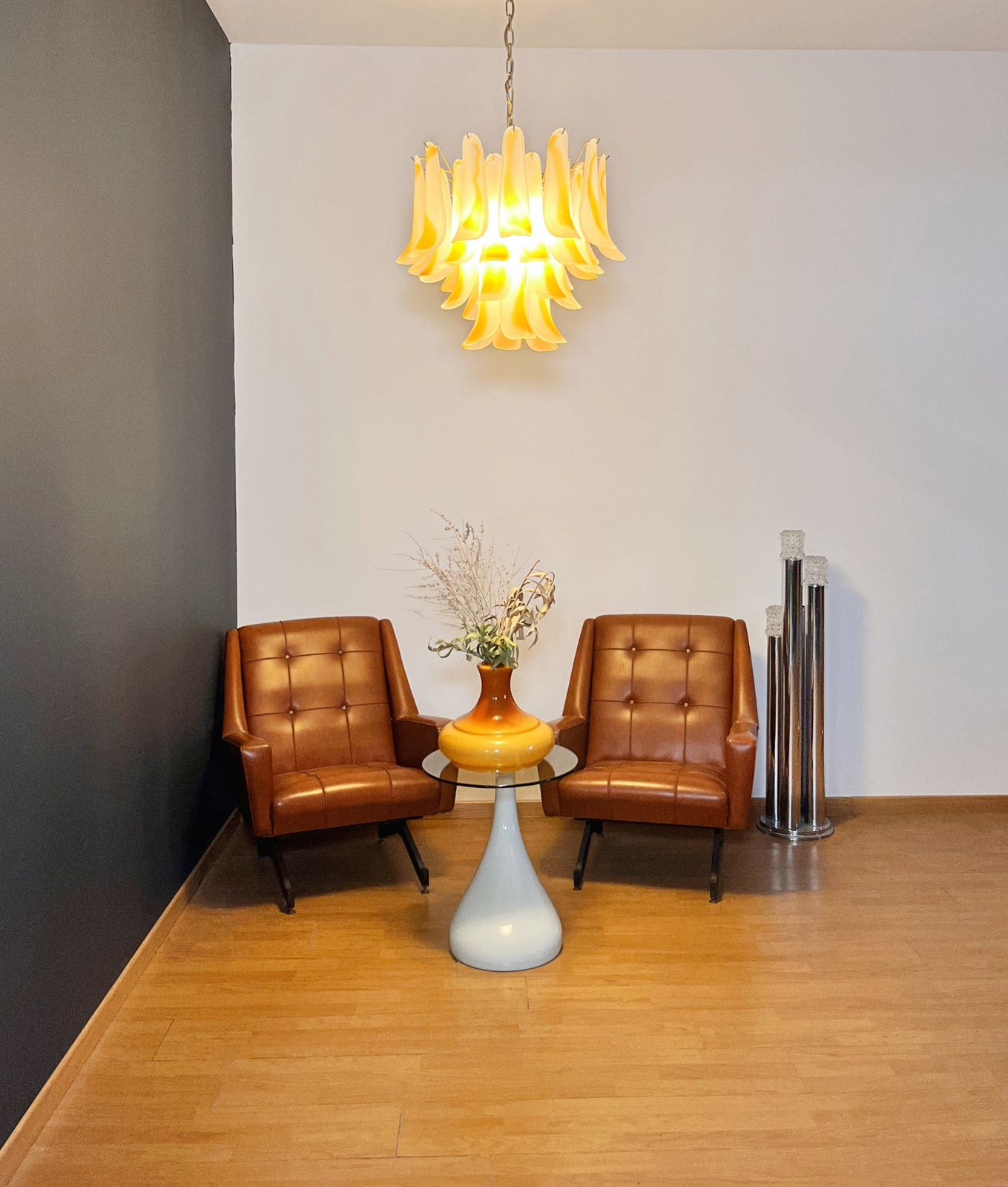 Italian Vintage Murano Chandelier   36 Acid Etched Amber Glass Petals photo 980.0